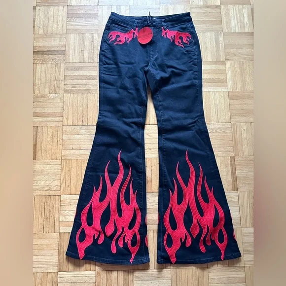 Dolls Kill Black and Red Flame Boot Cut Jeans - Picture 1 of 9